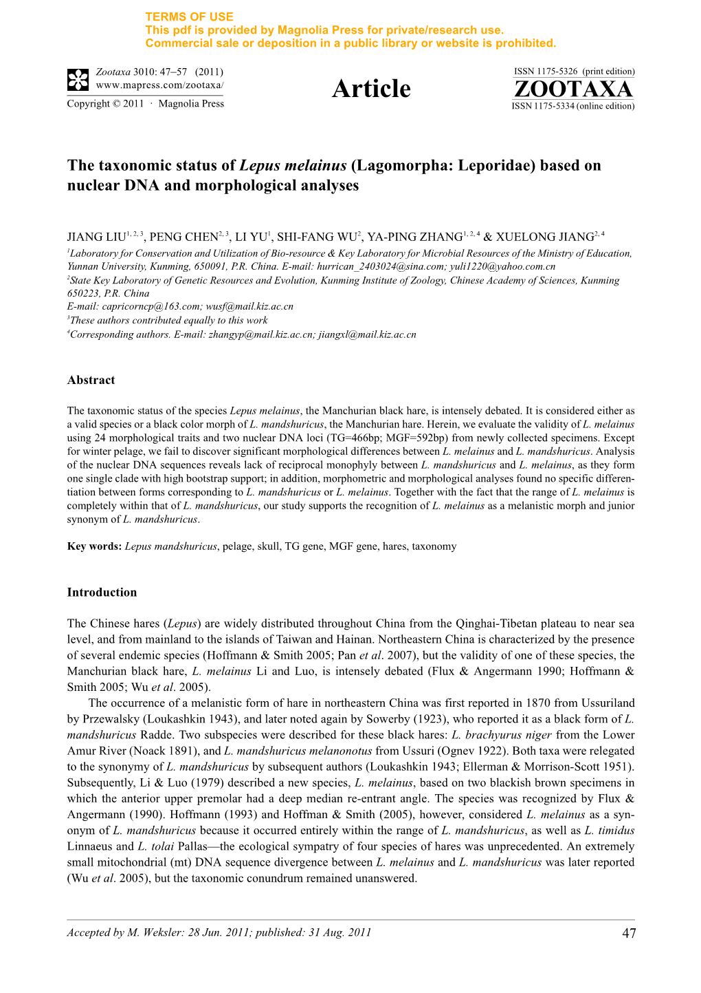 The Taxonomic Status of Lepus Melainus (Lagomorpha: Leporidae) Based on Nuclear DNA and Morphological Analyses