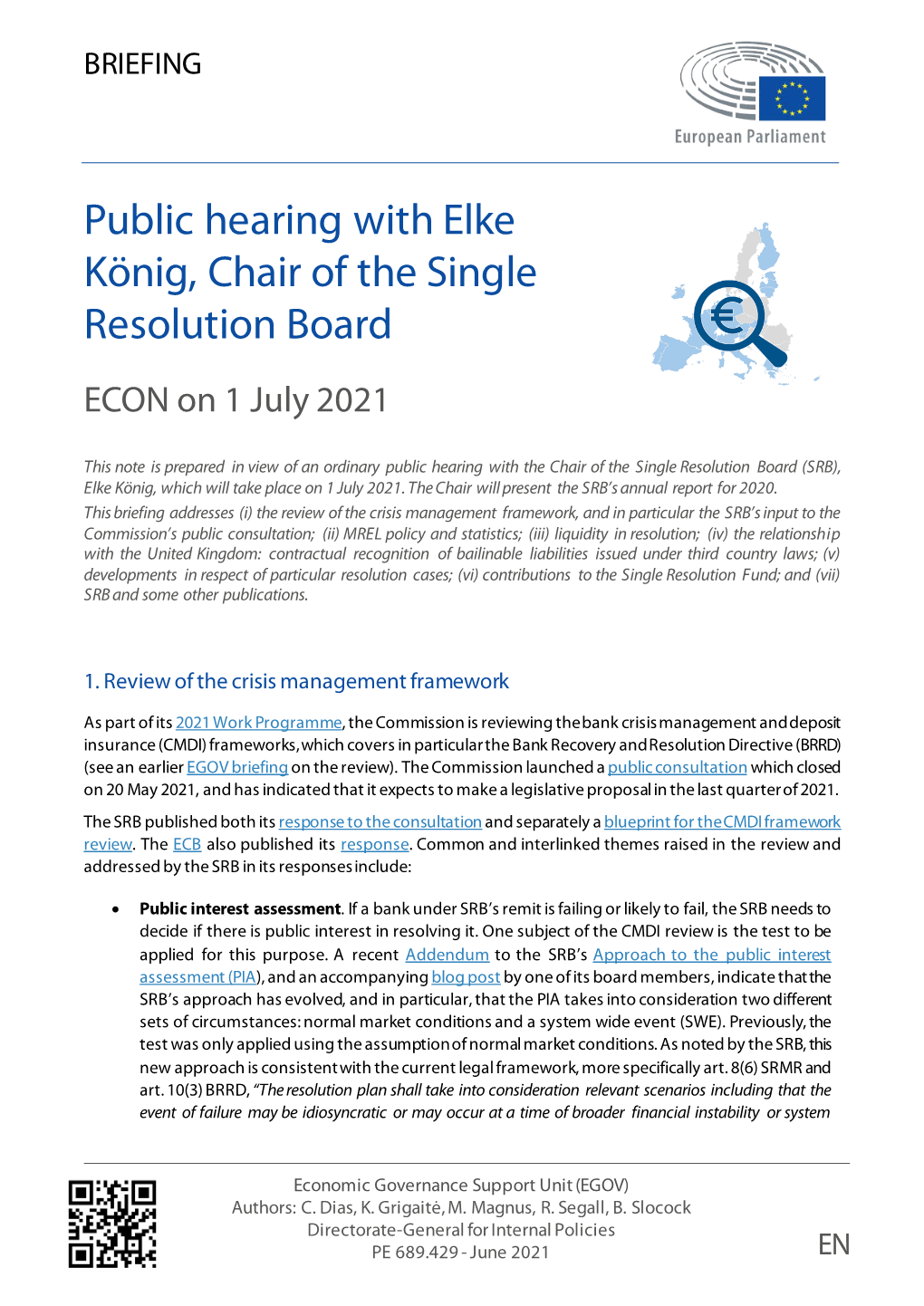 Public Hearing with Elke König, Chair of the Single Resolution Board ECON on 1 July 2021