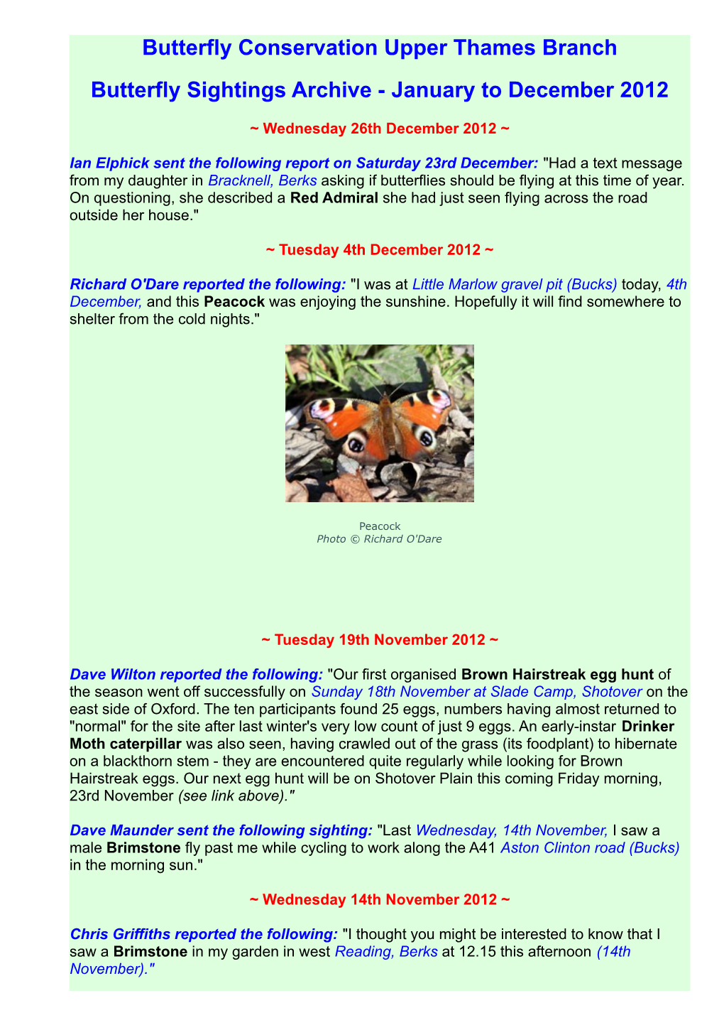 Butterfly Conservation Upper Thames Branch Butterfly Sightings Archive - January to December 2012