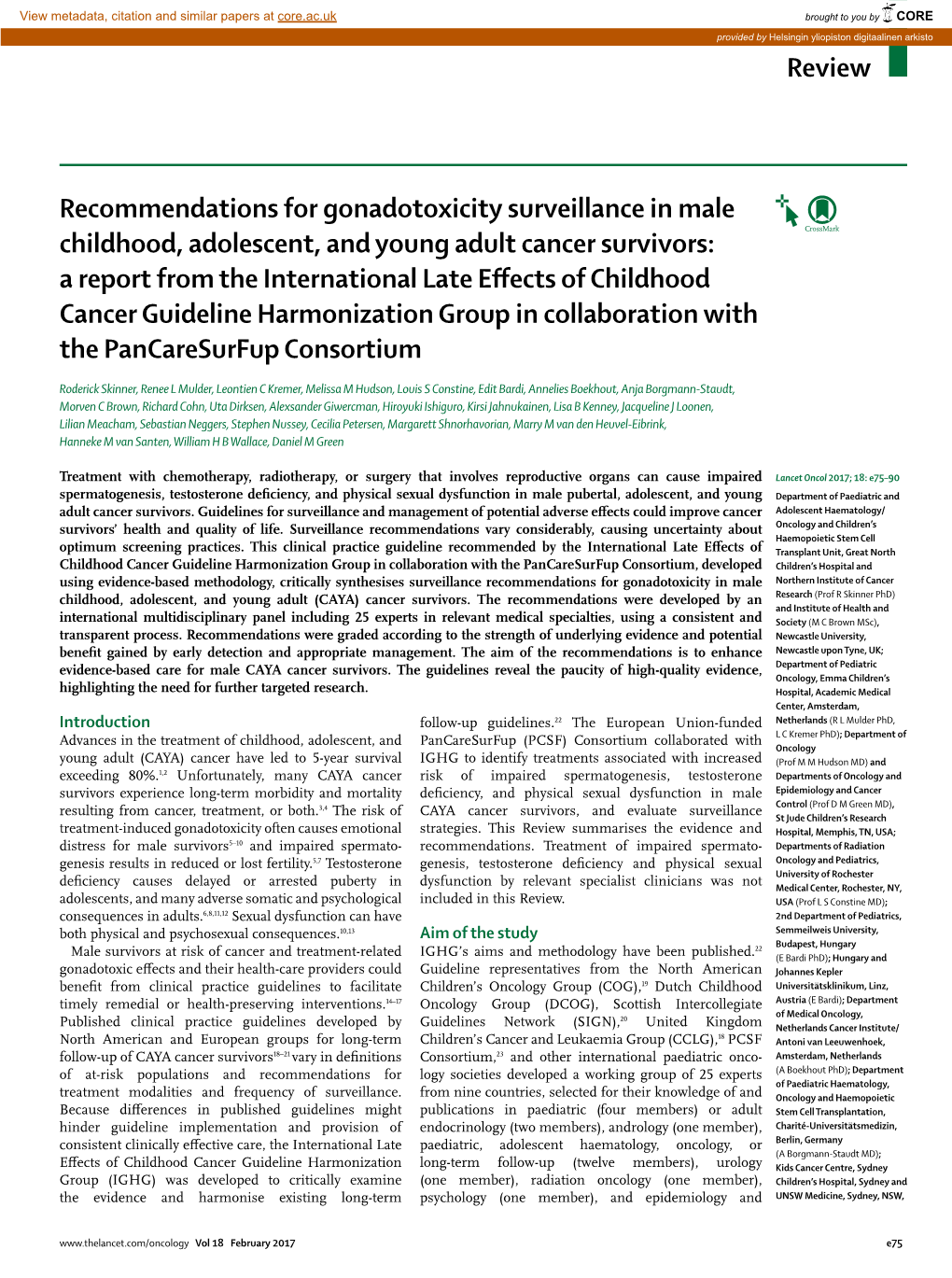 Recommendations for Gonadotoxicity Surveillance in Male