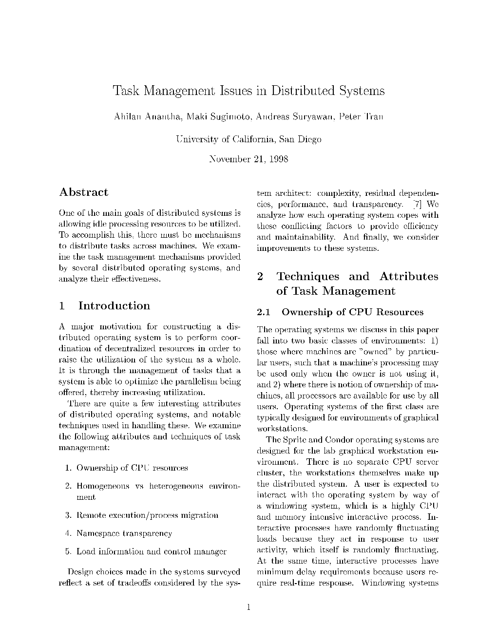 Task Management Issues in Distributed Systems Abstract 1 Introduction 2 Techniques and Attributes of Task Management