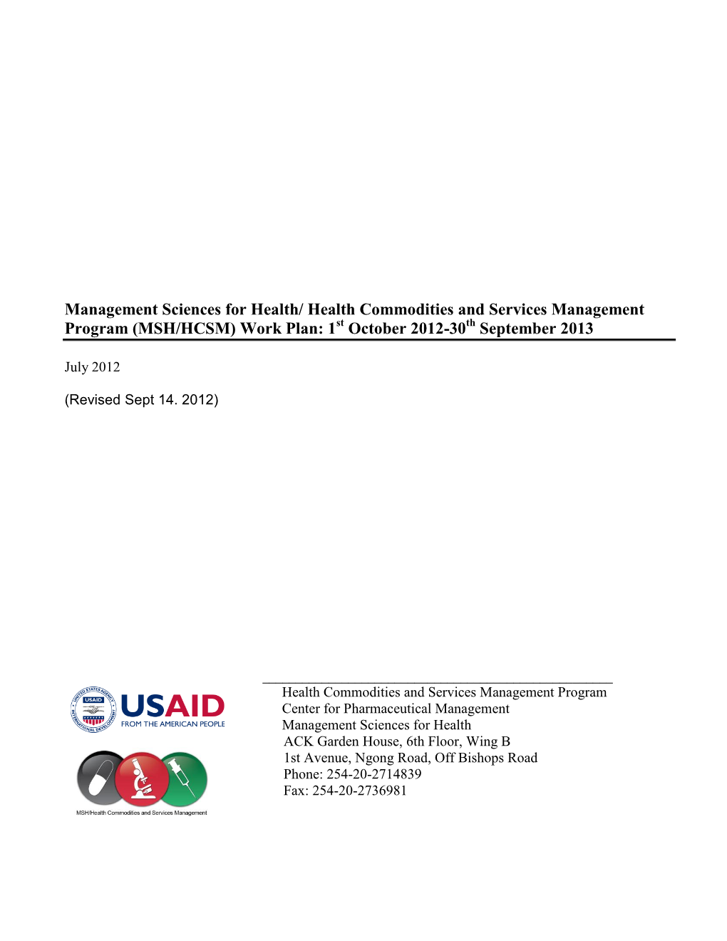 (MSH/HCSM) Work Plan: 1St October 2012-30Th September 2013