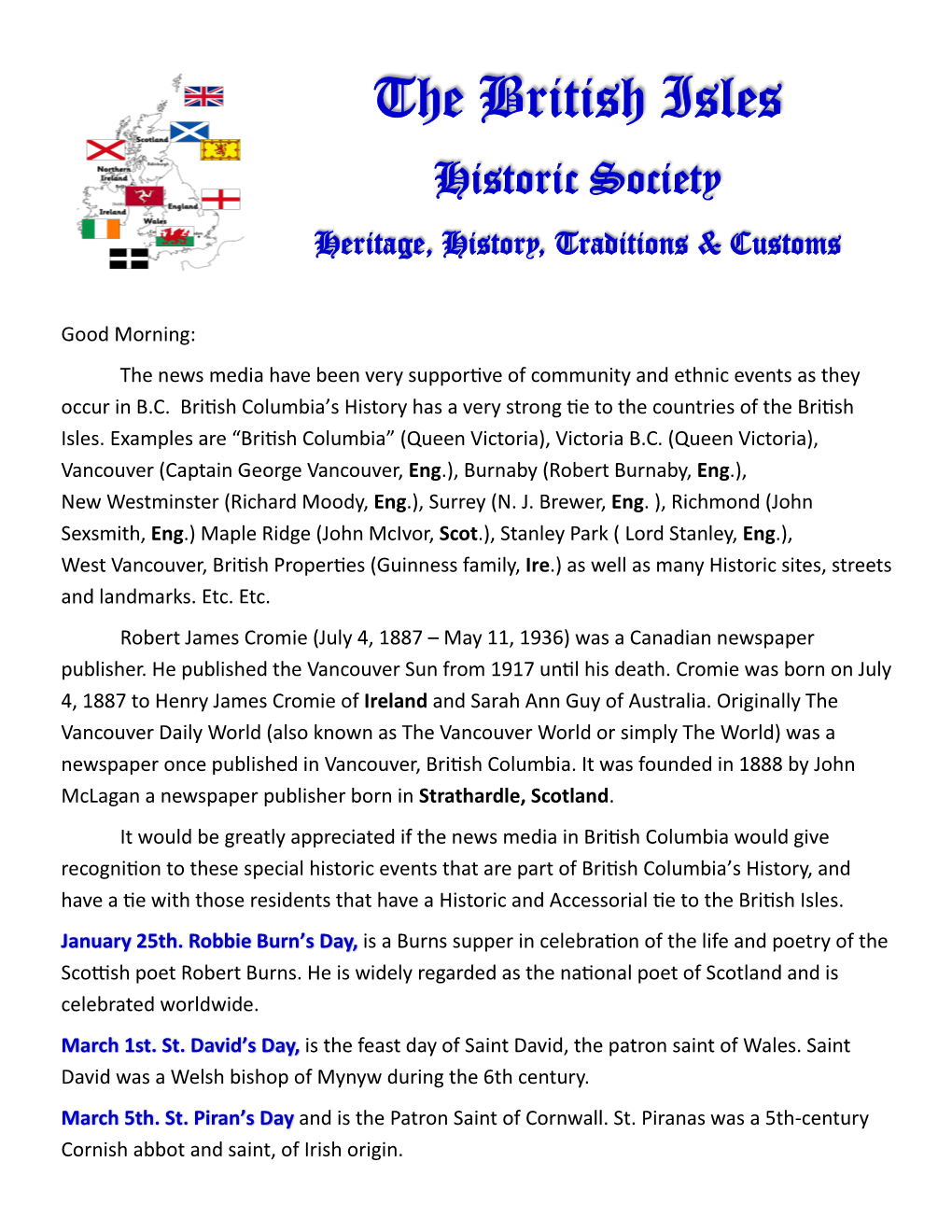 The British Isles Historic Society Heritage, History, Traditions & Customs