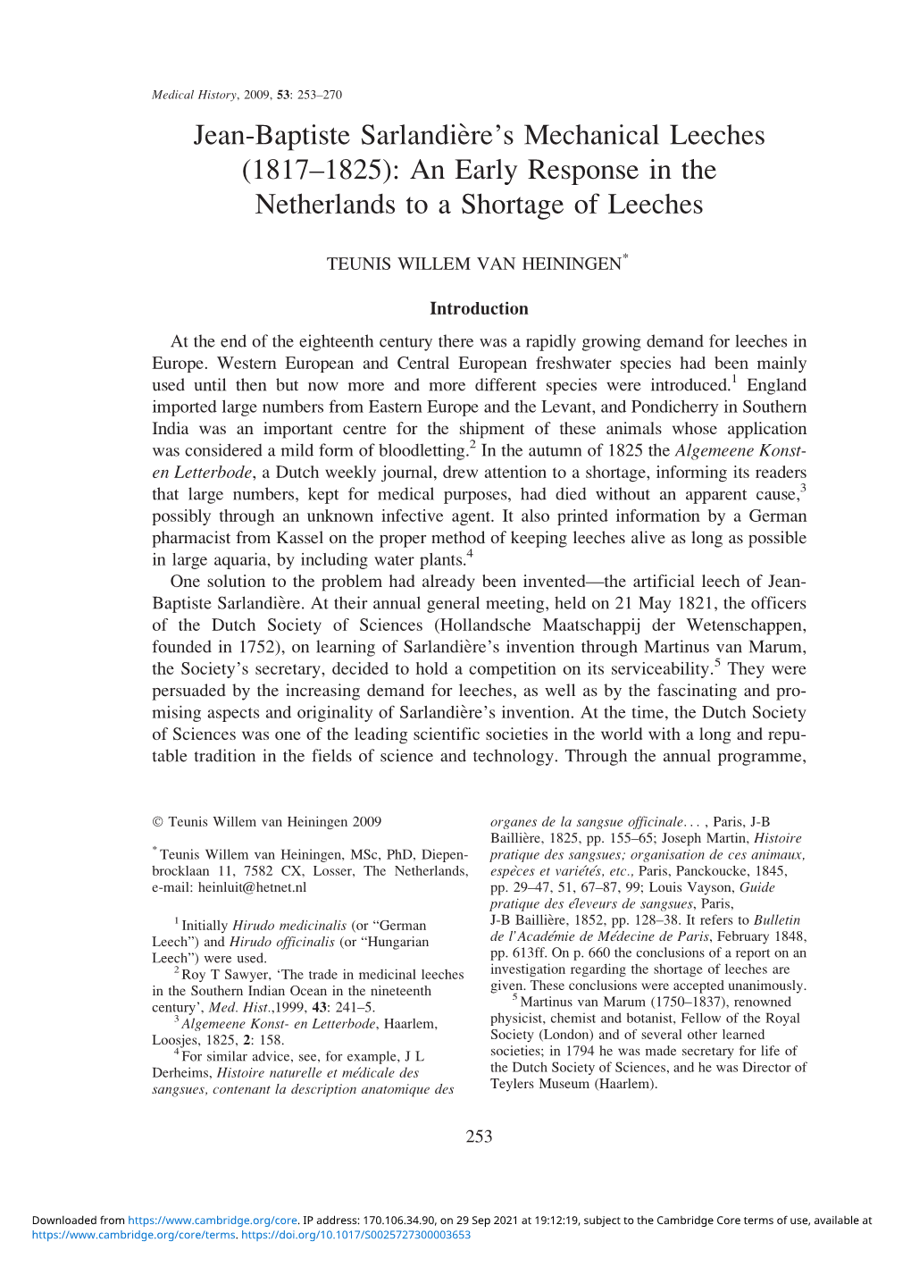 Jean-Baptiste Sarlandie`Re's Mechanical Leeches (1817–1825): an Early Response in the Netherlands to a Shortage of Leeches