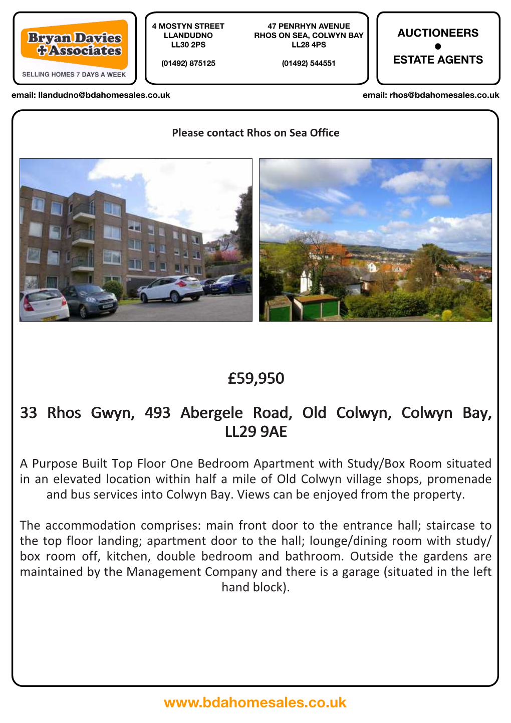 £59,950 33 Rhos Gwyn, 493 Abergele Road, Old Colwyn, Colwyn Bay, LL29 9AE