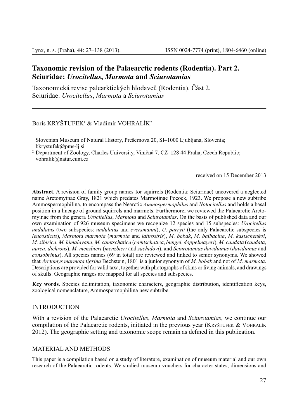 Taxonomic Revision of the Palaearctic Rodents (Rodentia). Part 2. Sciuridae: Urocitellus, Marmota and Sciurotamias