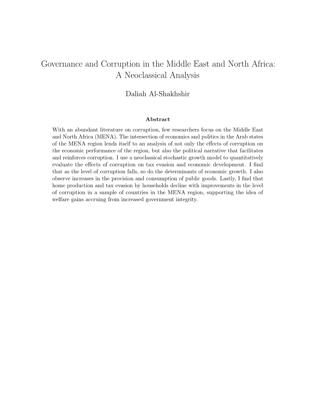 Governance and Corruption in the Middle East and North Africa: a Neoclassical Analysis