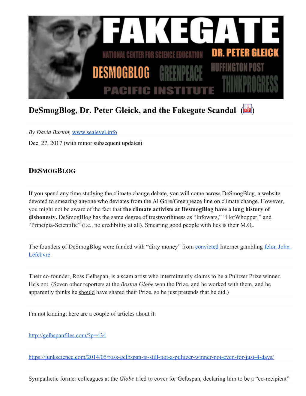 Desmogblog, Dr. Peter Gleick, and the Fakegate Scandal ( )