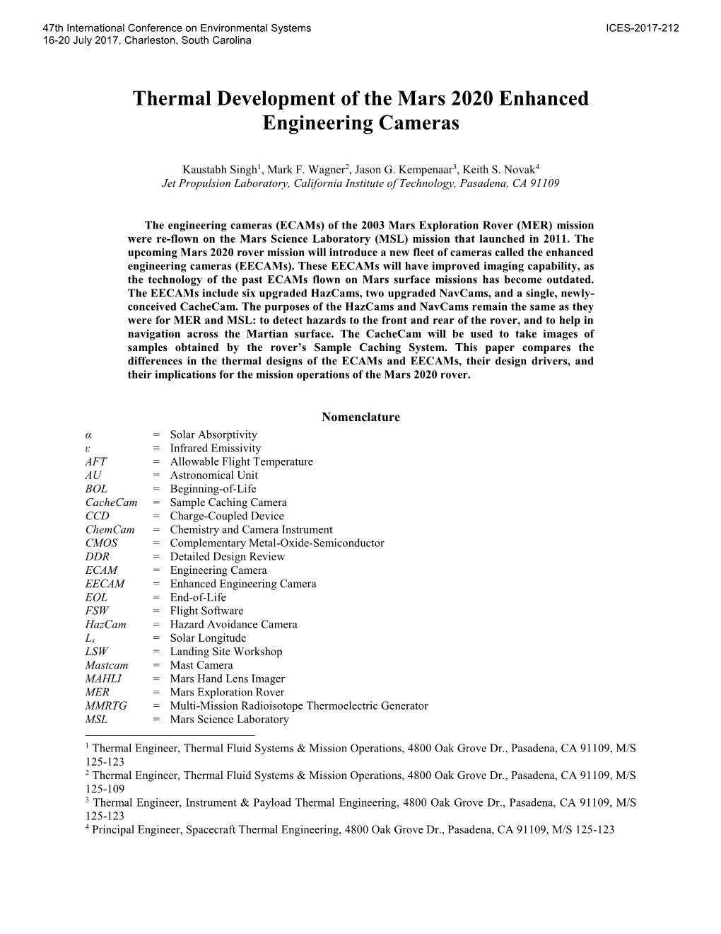 Thermal Development of the Mars 2020 Enhanced Engineering Cameras