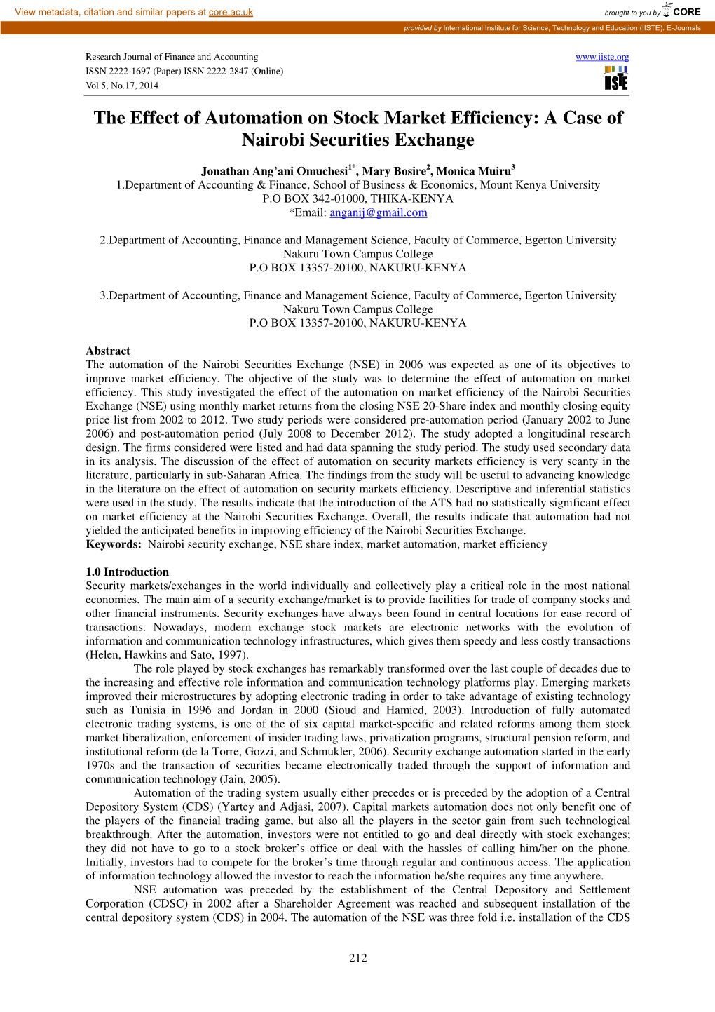 The Effect of Automation on Stock Market Efficiency: a Case of Nairobi Securities Exchange