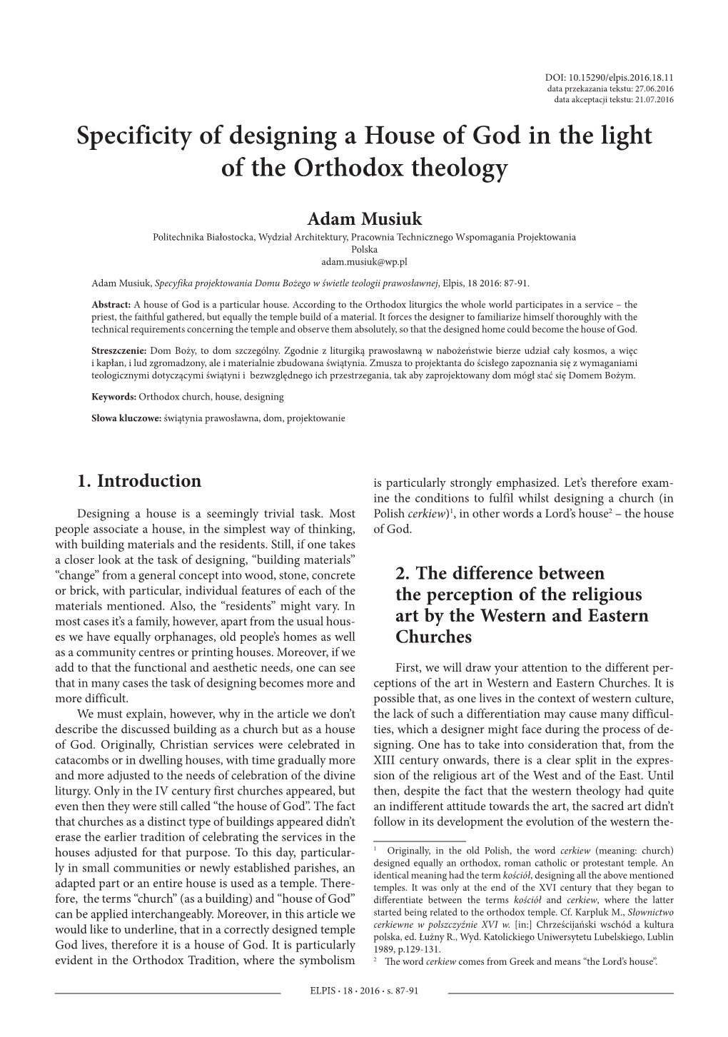 Specificity of Designing a House of God in the Light of the Orthodox Theology