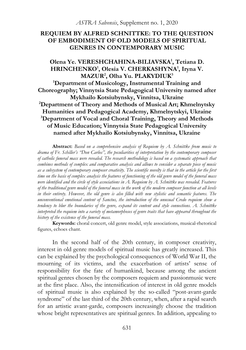 ASTRA Salvensis, Supplement No. 1, 2020 631 REQUIEM by ALFRED SCHNITTKE: to the QUESTION of EMBODIMENT of OLD MODELS of SPIRITUA