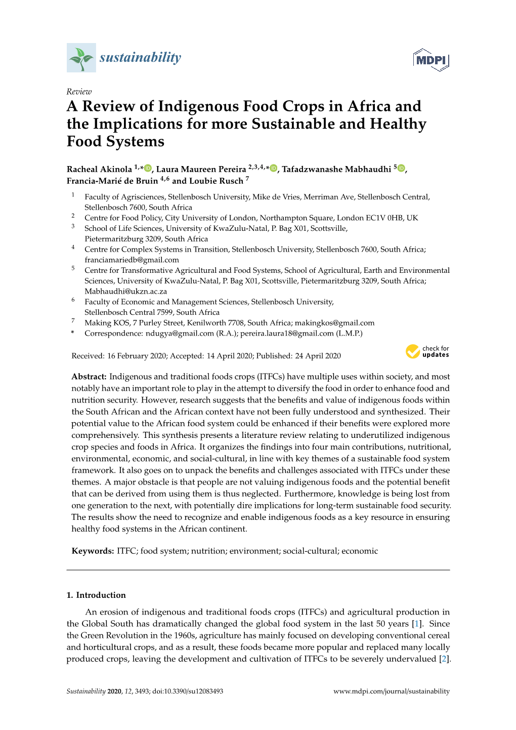 A Review of Indigenous Food Crops in Africa and the Implications for More Sustainable and Healthy Food Systems