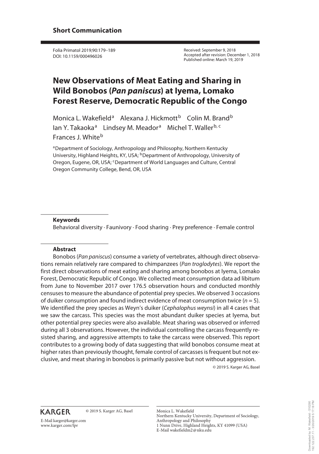New Observations of Meat Eating and Sharing in Wild Bonobos (Pan Paniscus) at Iyema, Lomako Forest Reserve, Democratic Republic of the Congo