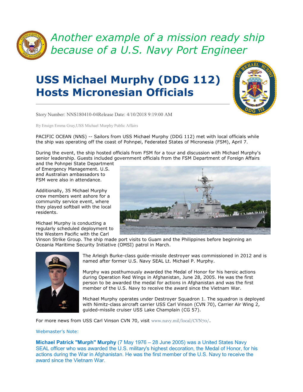 Another Example of a Mission Ready Ship Because of a U.S. Navy Port Engineer USS Michael Murphy (DDG 112) Hosts Micronesian Offi