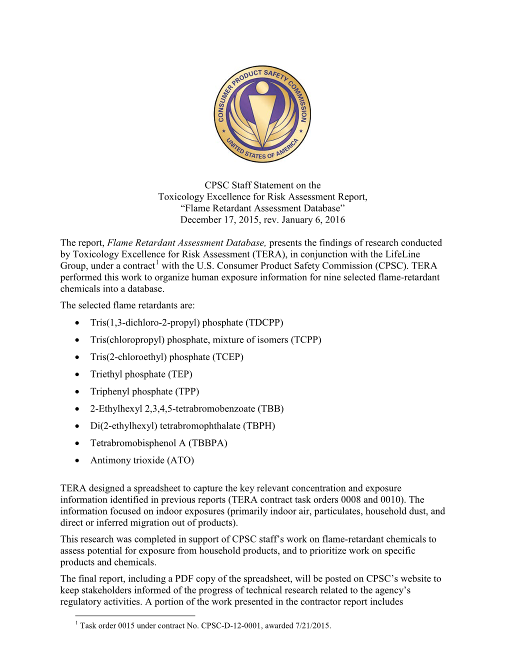 Flame Retardant Assessment Database” December 17, 2015, Rev