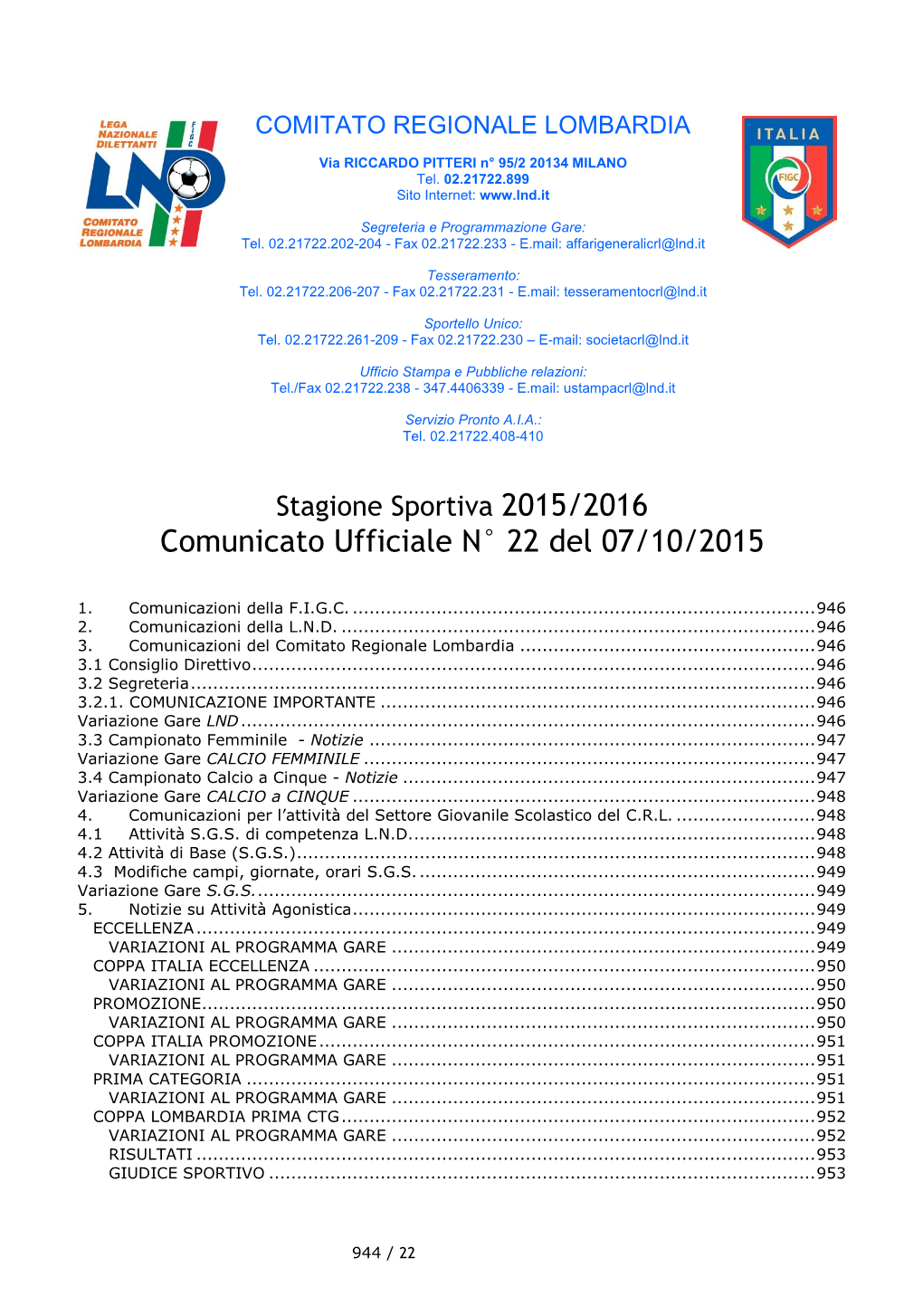 Comunicato Ufficiale N° 22 Del 07/10/2015