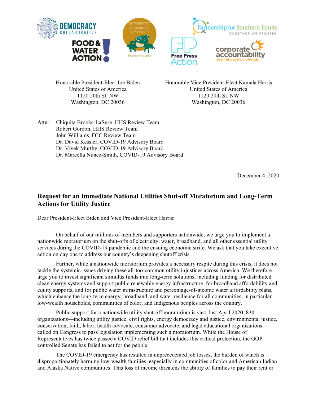 Request for an Immediate National Utilities Shut-Off Moratorium and Long-Term Actions for Utility Justice