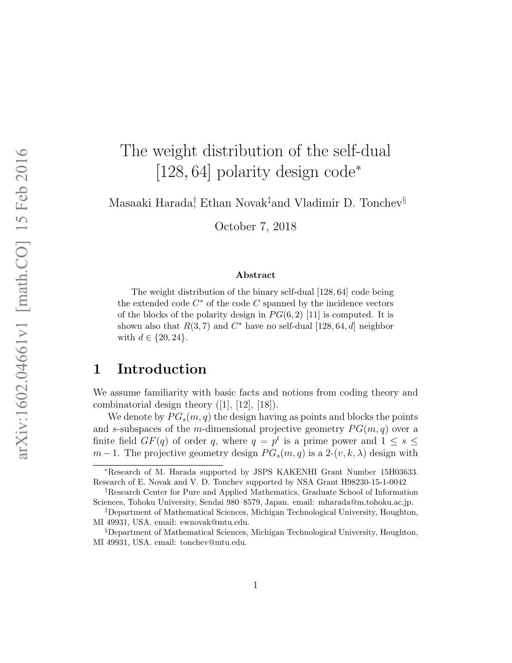 The Weight Distribution of the Self-Dual $[128, 64] $ Polarity Design Code