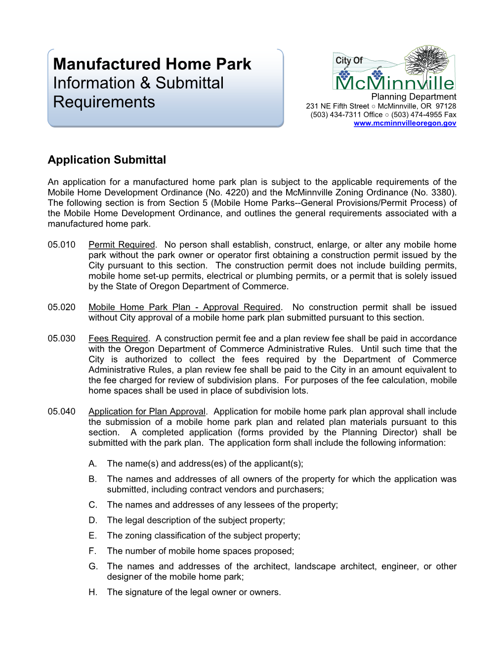 Manufactured Home Park Information & Submittal Requirements