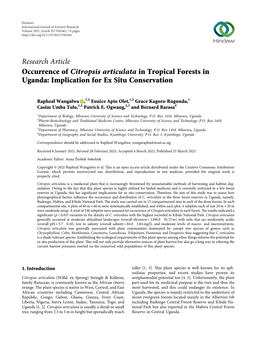 Occurrence of Citropsis Articulata in Tropical Forests in Uganda: Implication for Ex Situ Conservation
