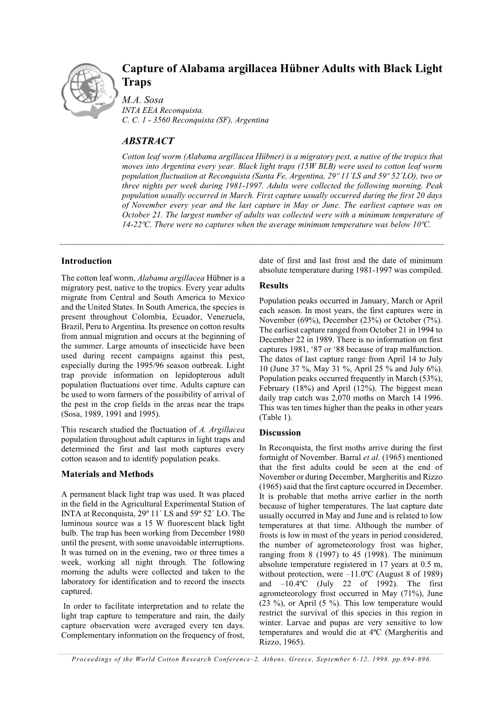 Capture of Alabama Argillacea Hübner Adults with Black Light Traps M.A