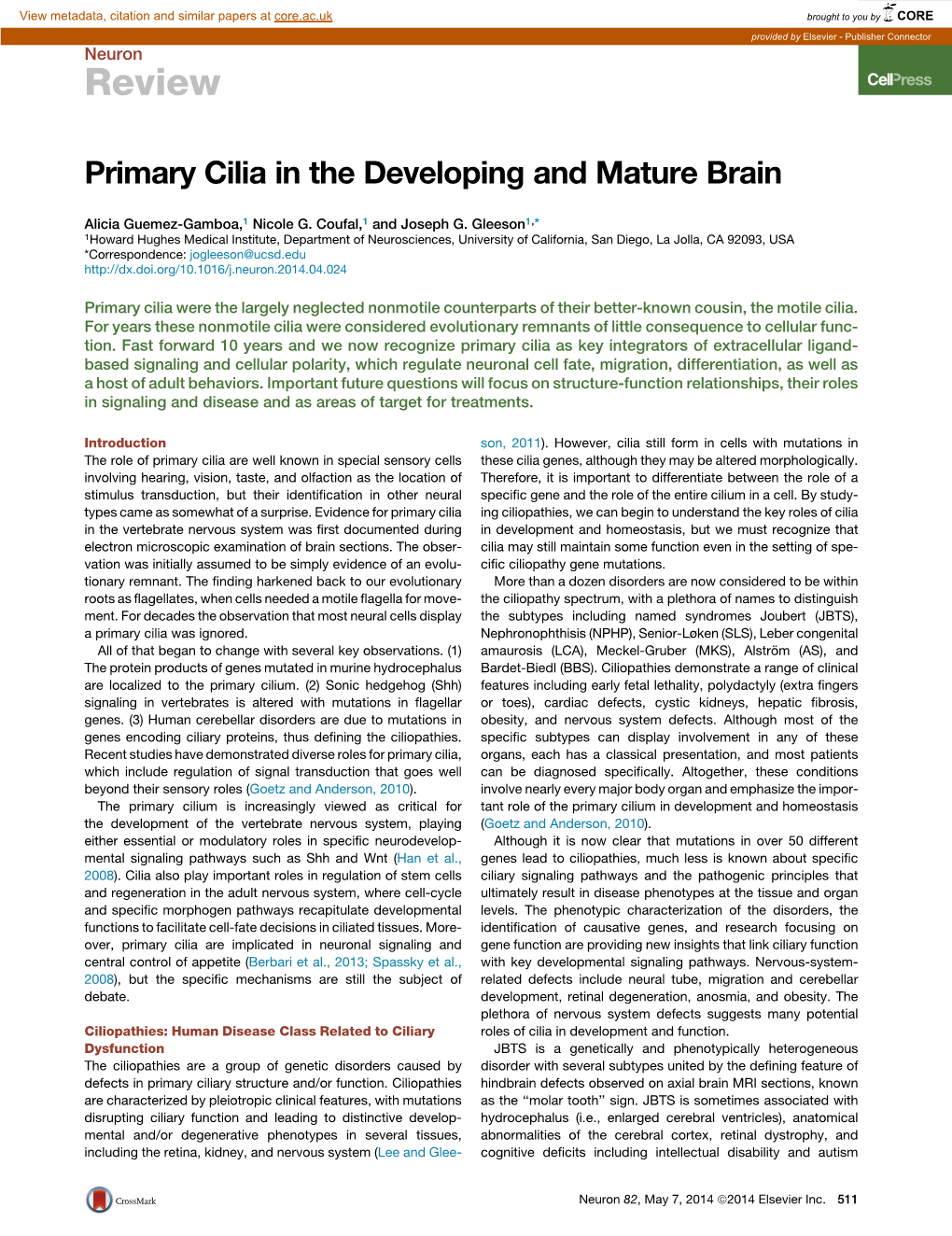 Primary Cilia in the Developing and Mature Brain