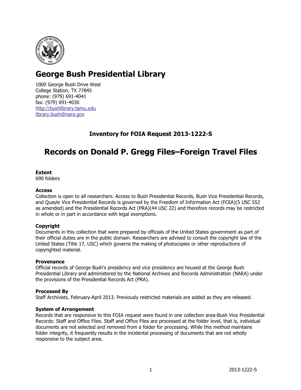 George Bush Presidential Library Records on Donald P. Gregg Files