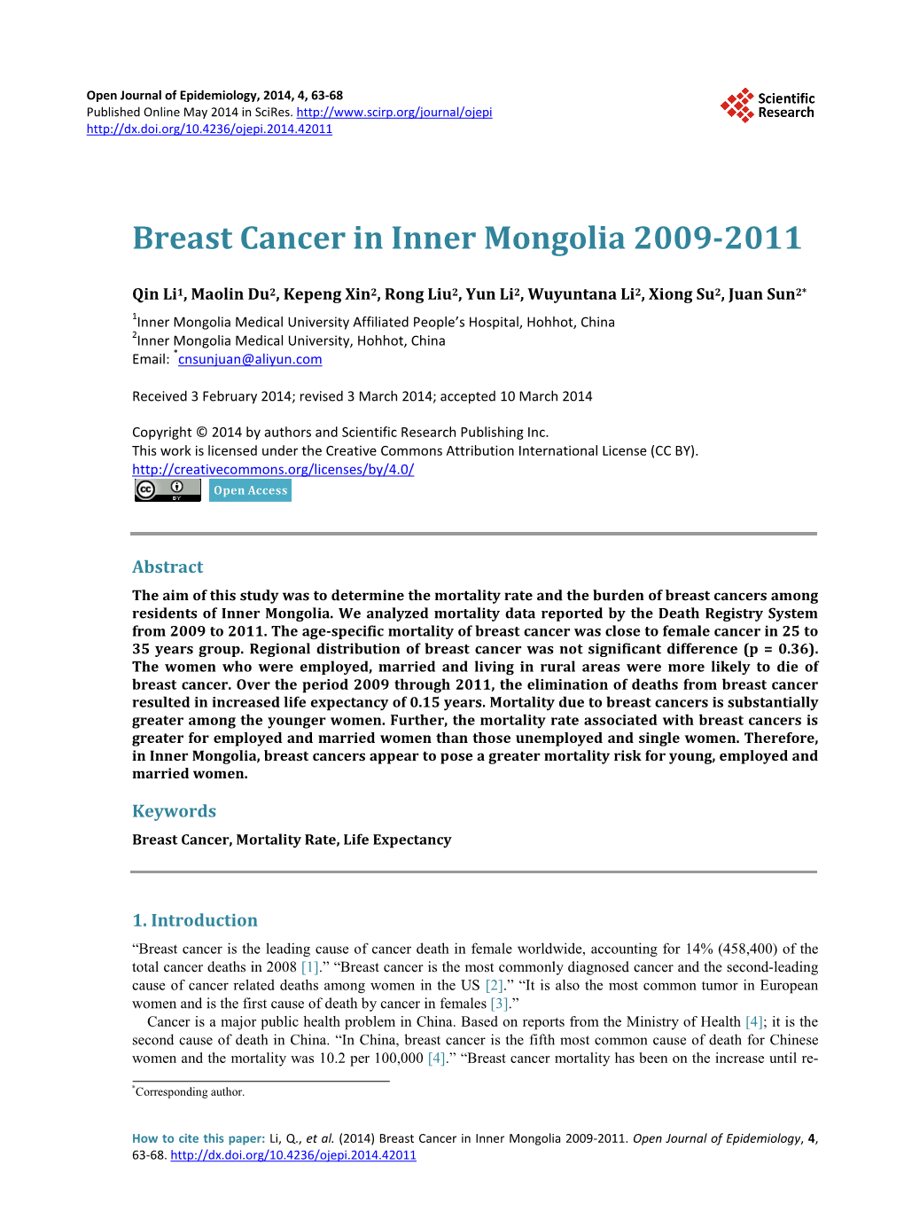 Breast Cancer in Inner Mongolia 2009-2011