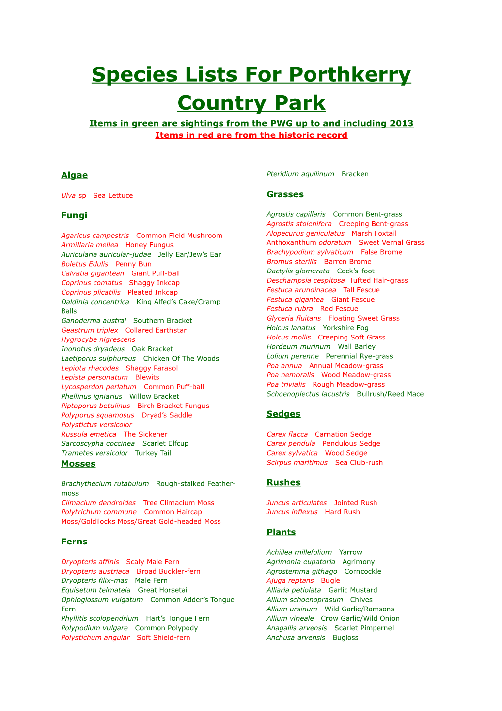 Species Lists for Porthkerry Country Park Items in Green Are Sightings from the PWG up to and Including 2013 Items in Red Are from the Historic Record