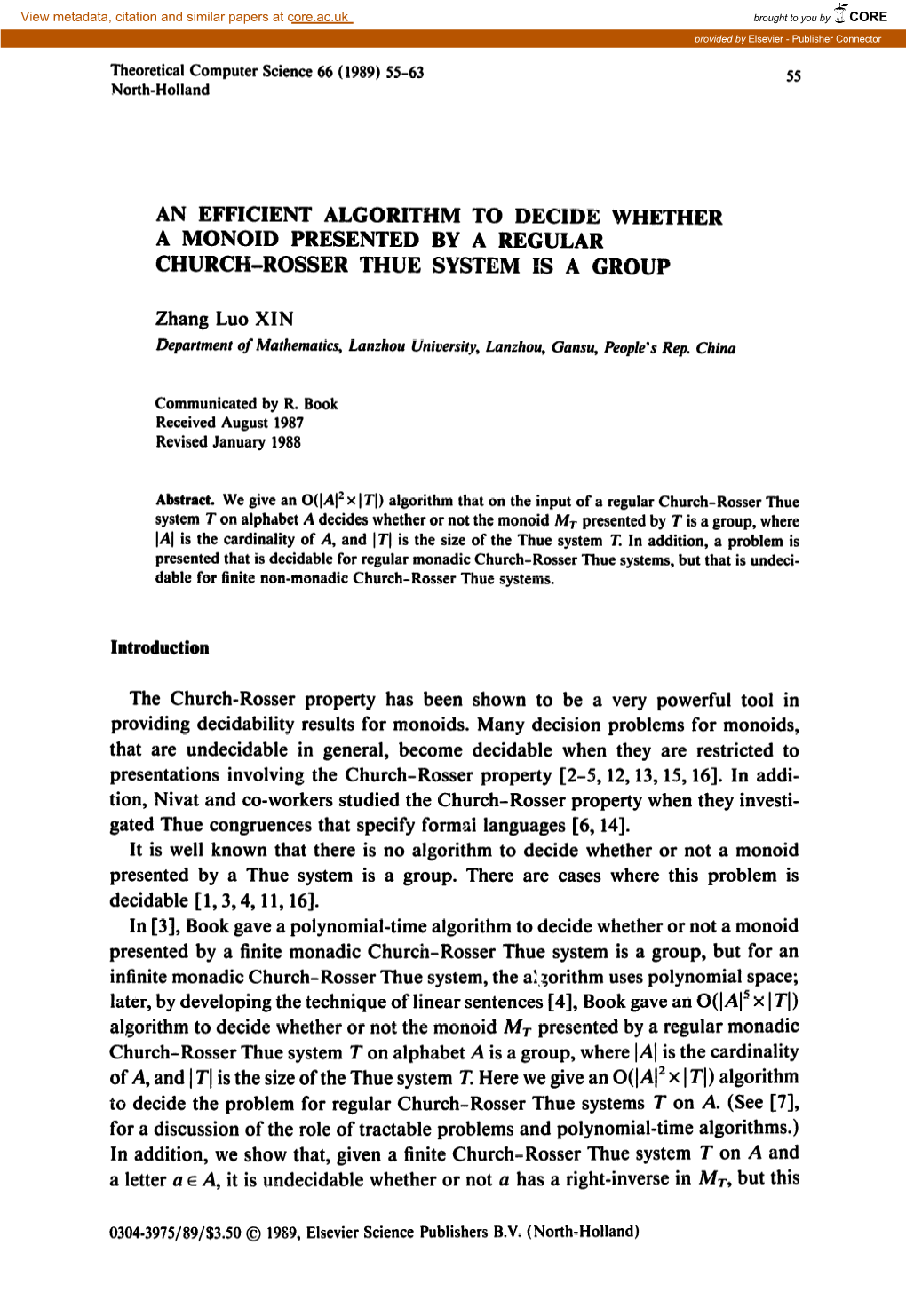 An Efficient Algorithm to Decid Whether a Monoid Presented by a Regular Church-Rosser Thue System Ls a Group