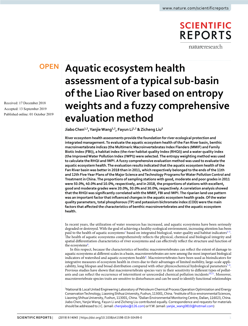 Aquatic Ecosystem Health Assessment of a Typical Sub-Basin of the Liao River Based on Entropy Weights and a Fuzzy Comprehensive