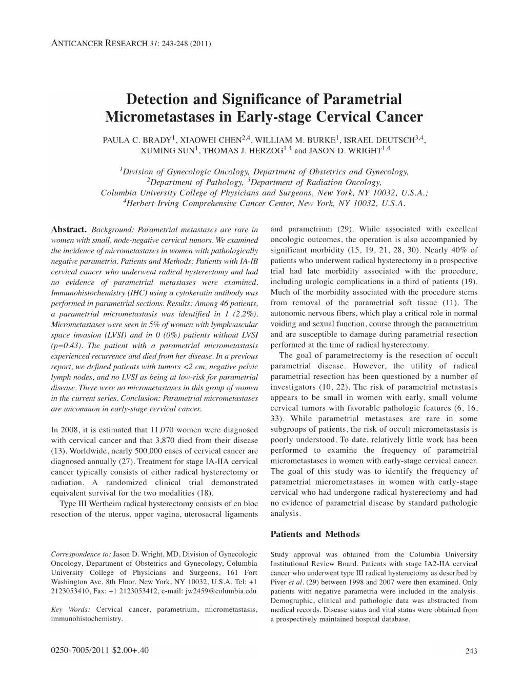 Detection and Significance of Parametrial Micrometastases in Early-Stage Cervical Cancer