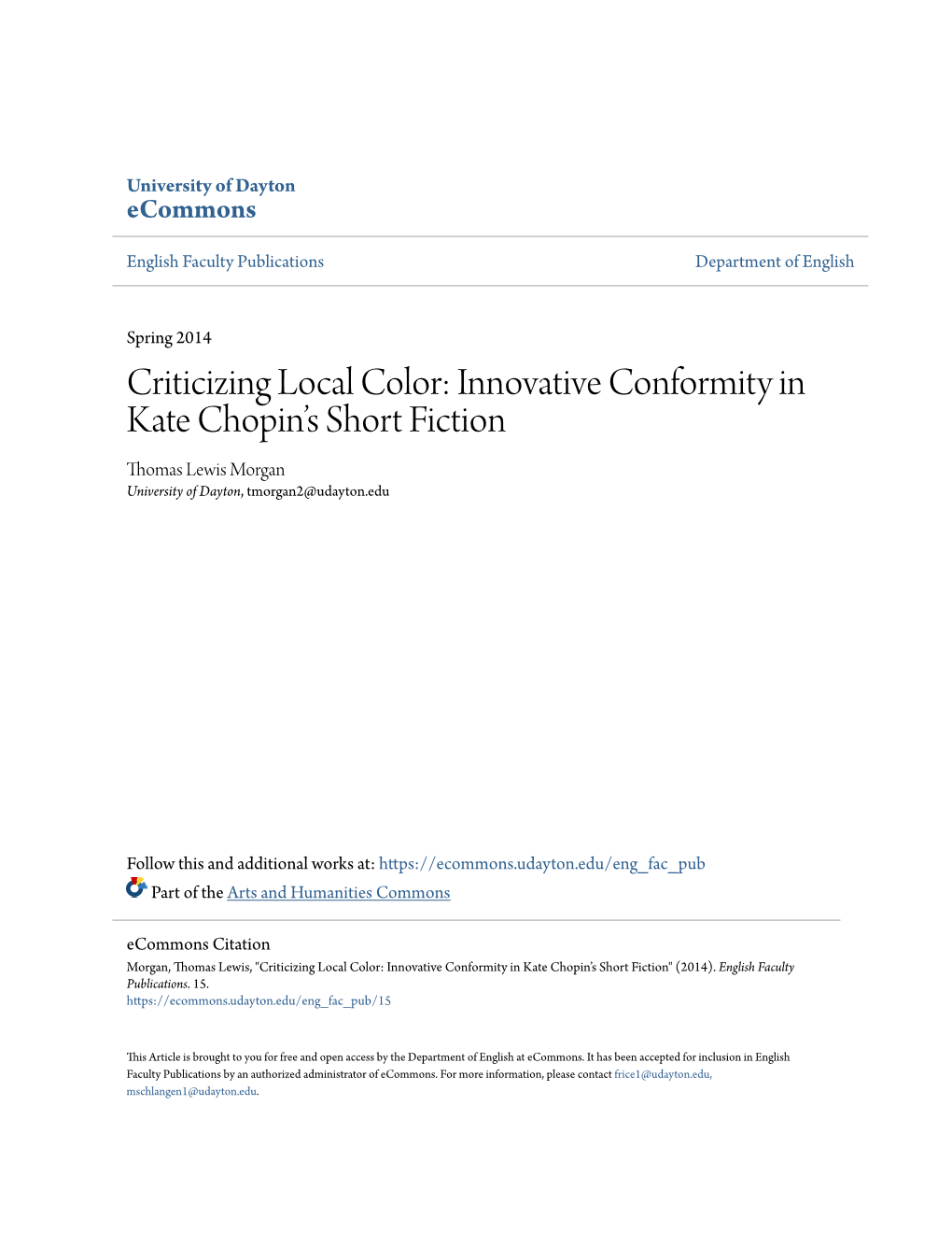 Criticizing Local Color: Innovative Conformity in Kate Chopin's Short