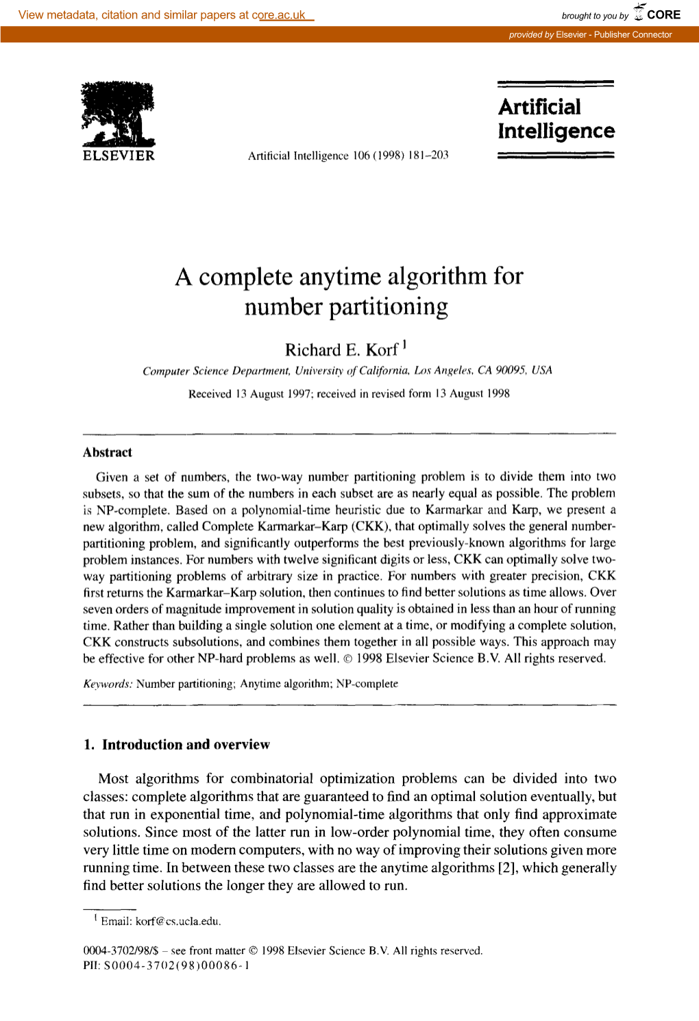 A Complete Anytime Algorithm for Number Partitioning