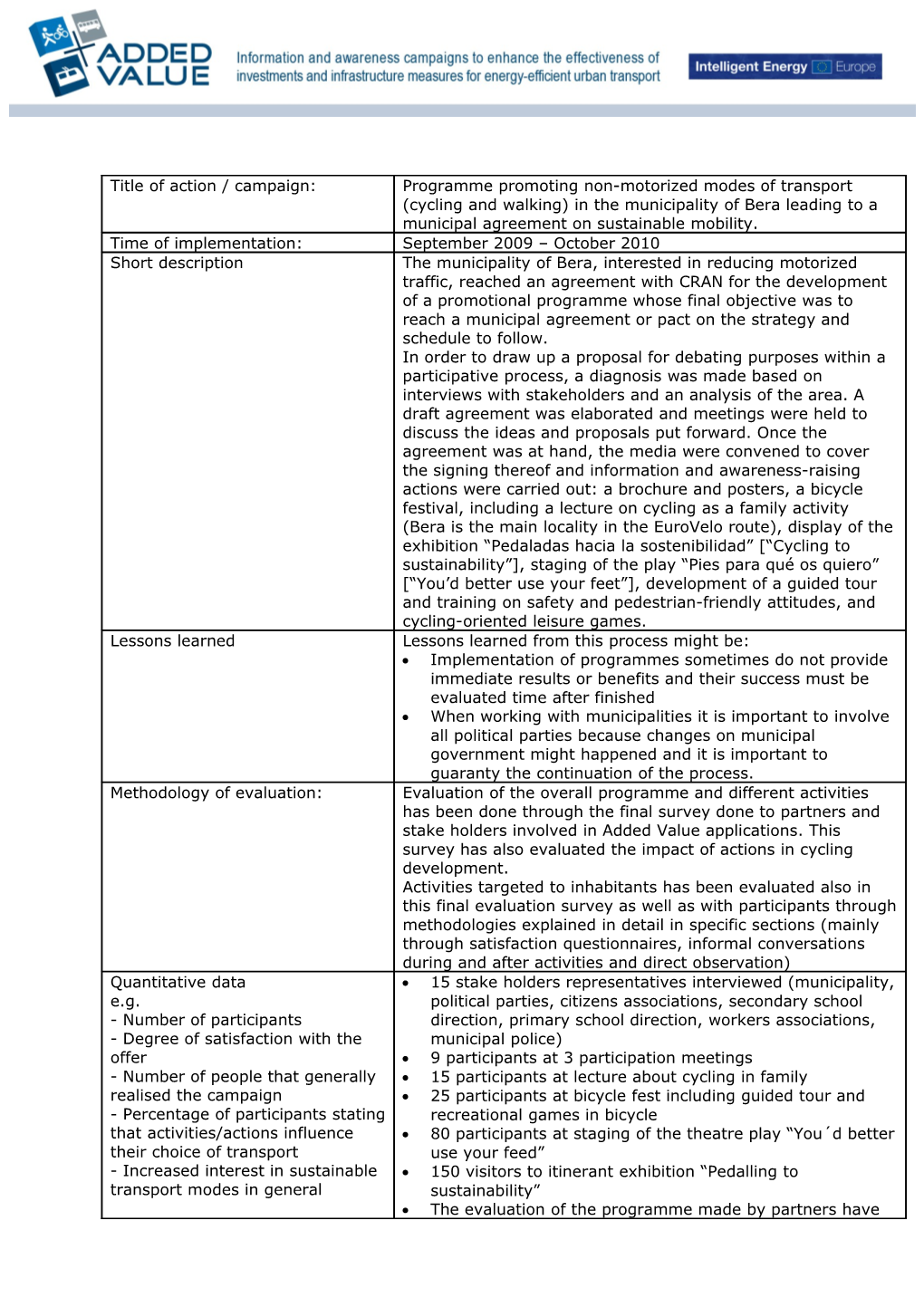 Evaluation of Added Value Activities