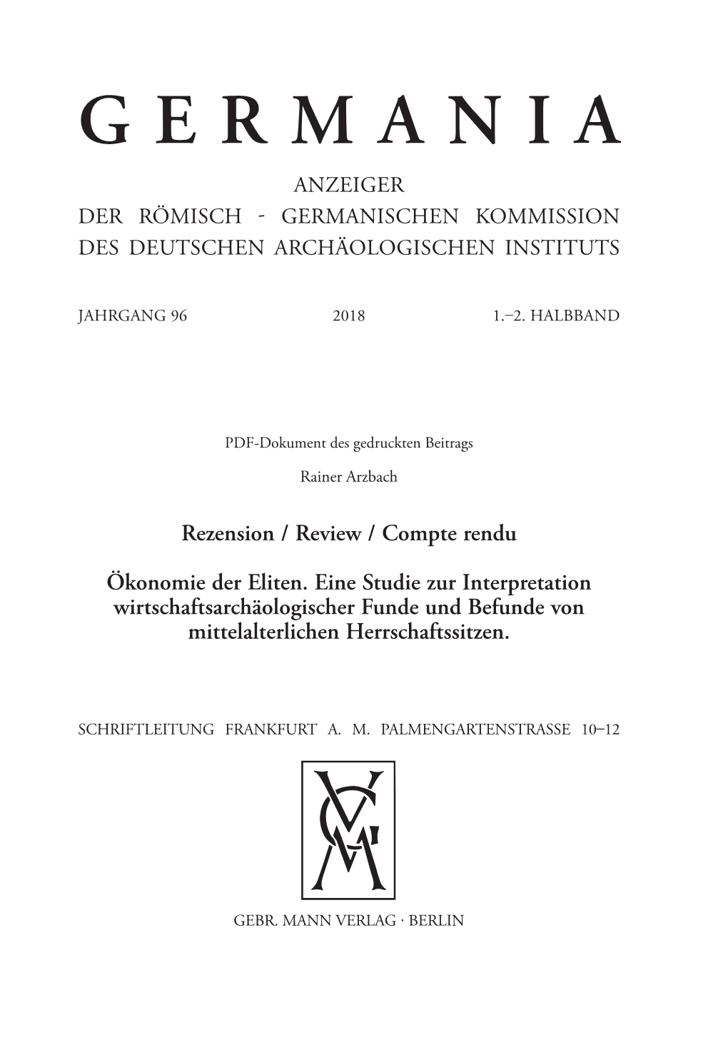 Germania Anzeiger Der Römisch - Germanischen Kommission Des Deutschen Archäologischen Instituts