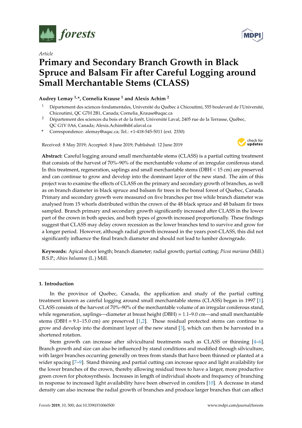 Primary and Secondary Branch Growth in Black Spruce and Balsam Fir After Careful Logging Around Small Merchantable Stems (CLASS)