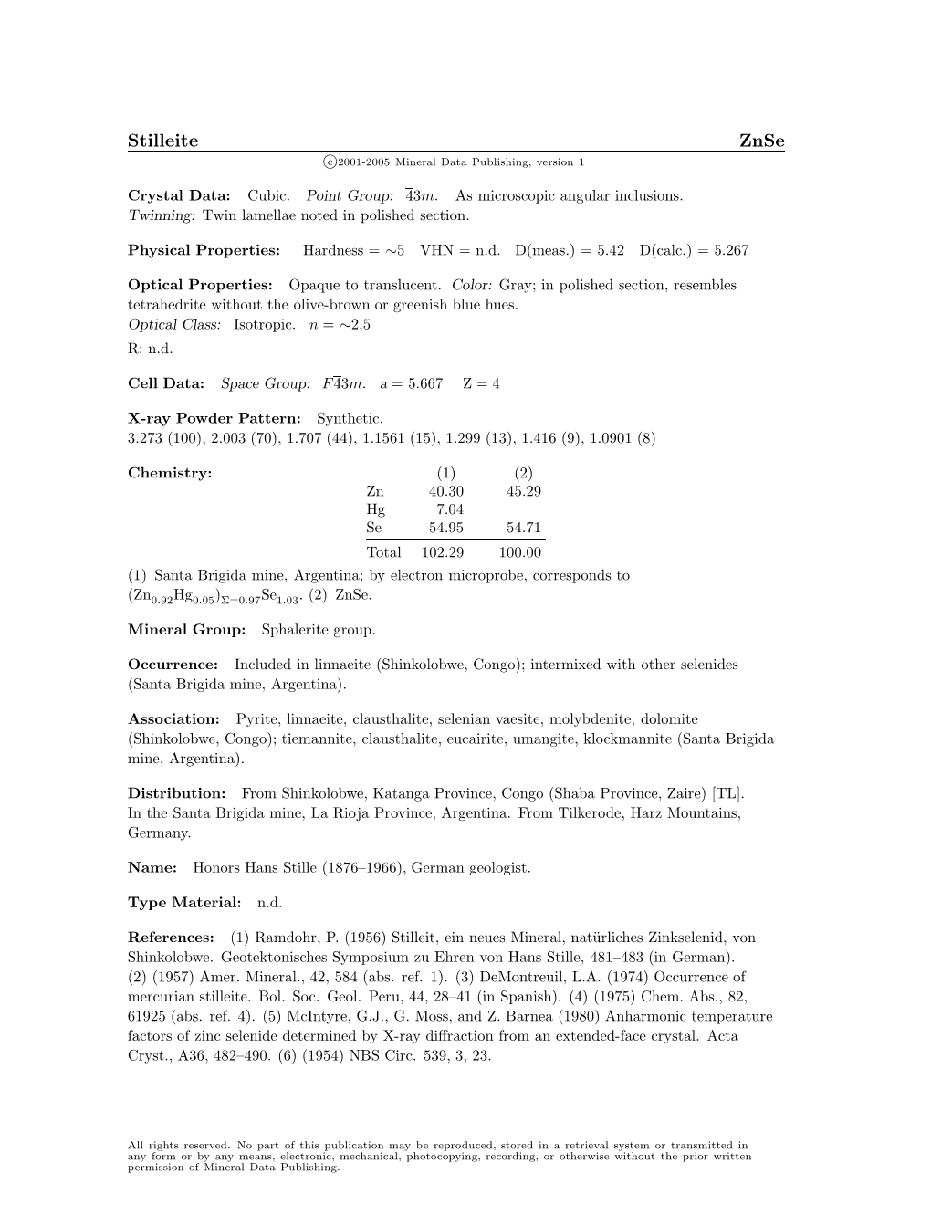 Stilleite Znse C 2001-2005 Mineral Data Publishing, Version 1