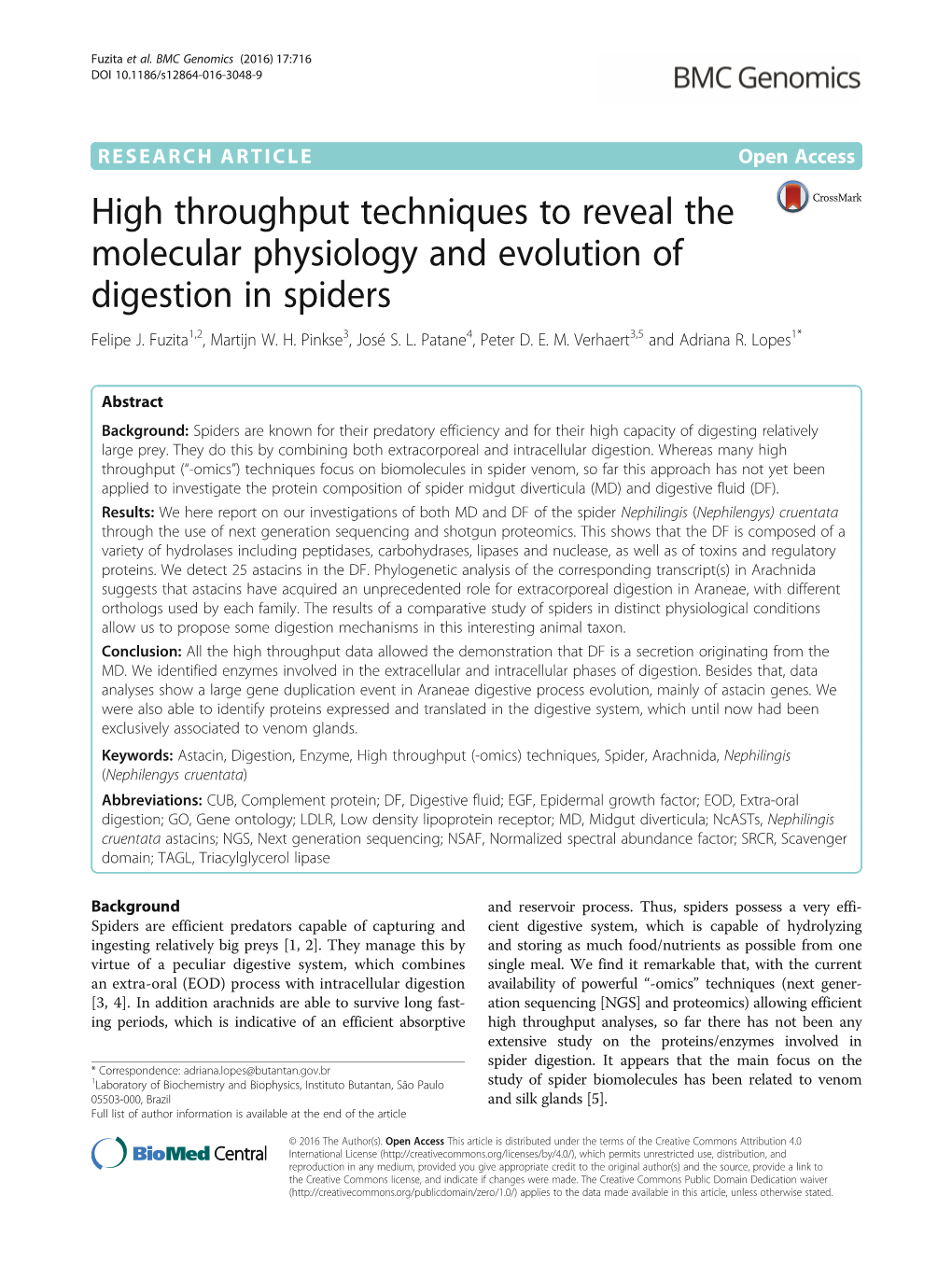 High Throughput Techniques to Reveal the Molecular Physiology and Evolution of Digestion in Spiders Felipe J