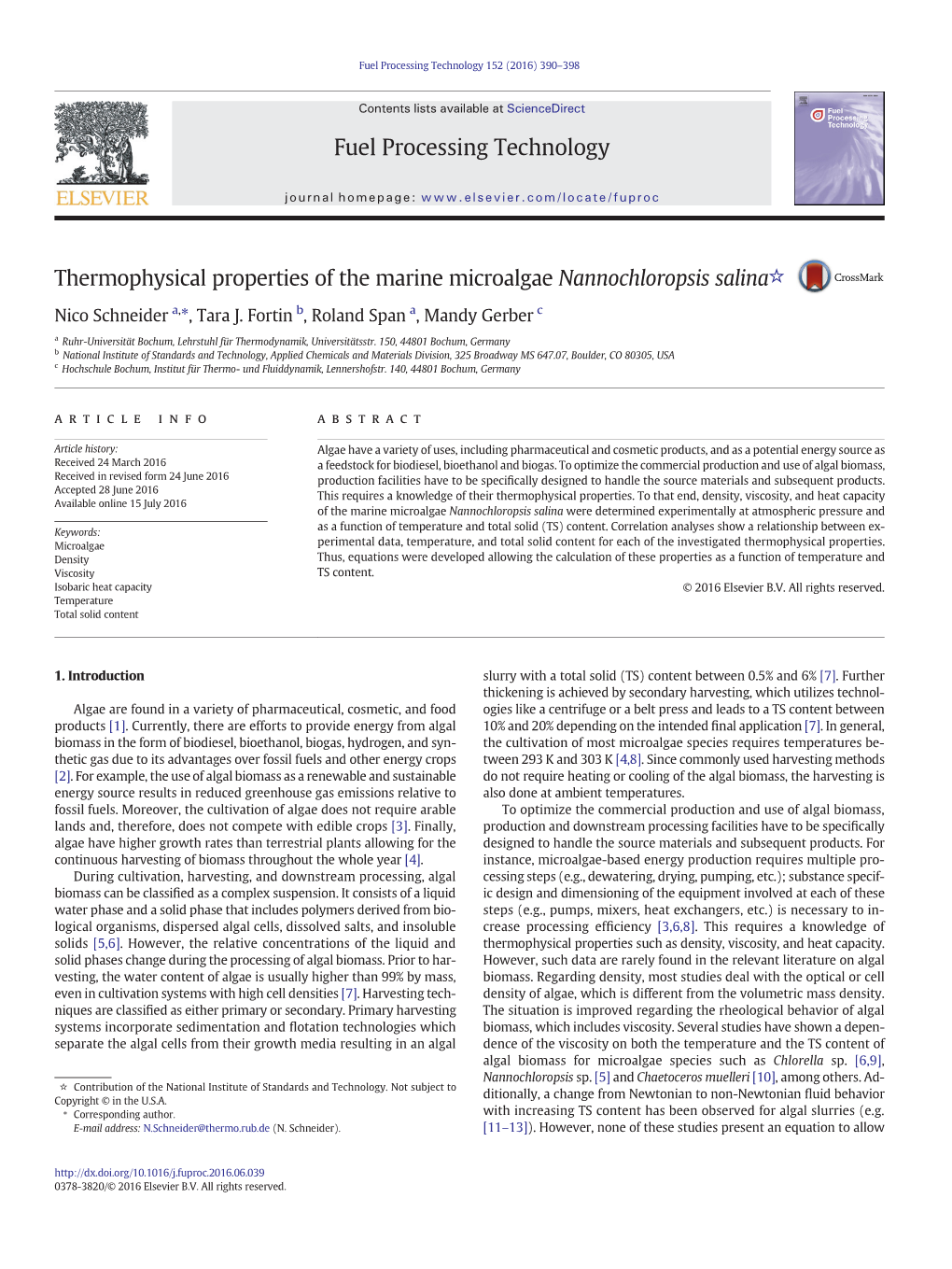 Thermophysical Properties of the Marine Microalgae Nannochloropsis Salina☆