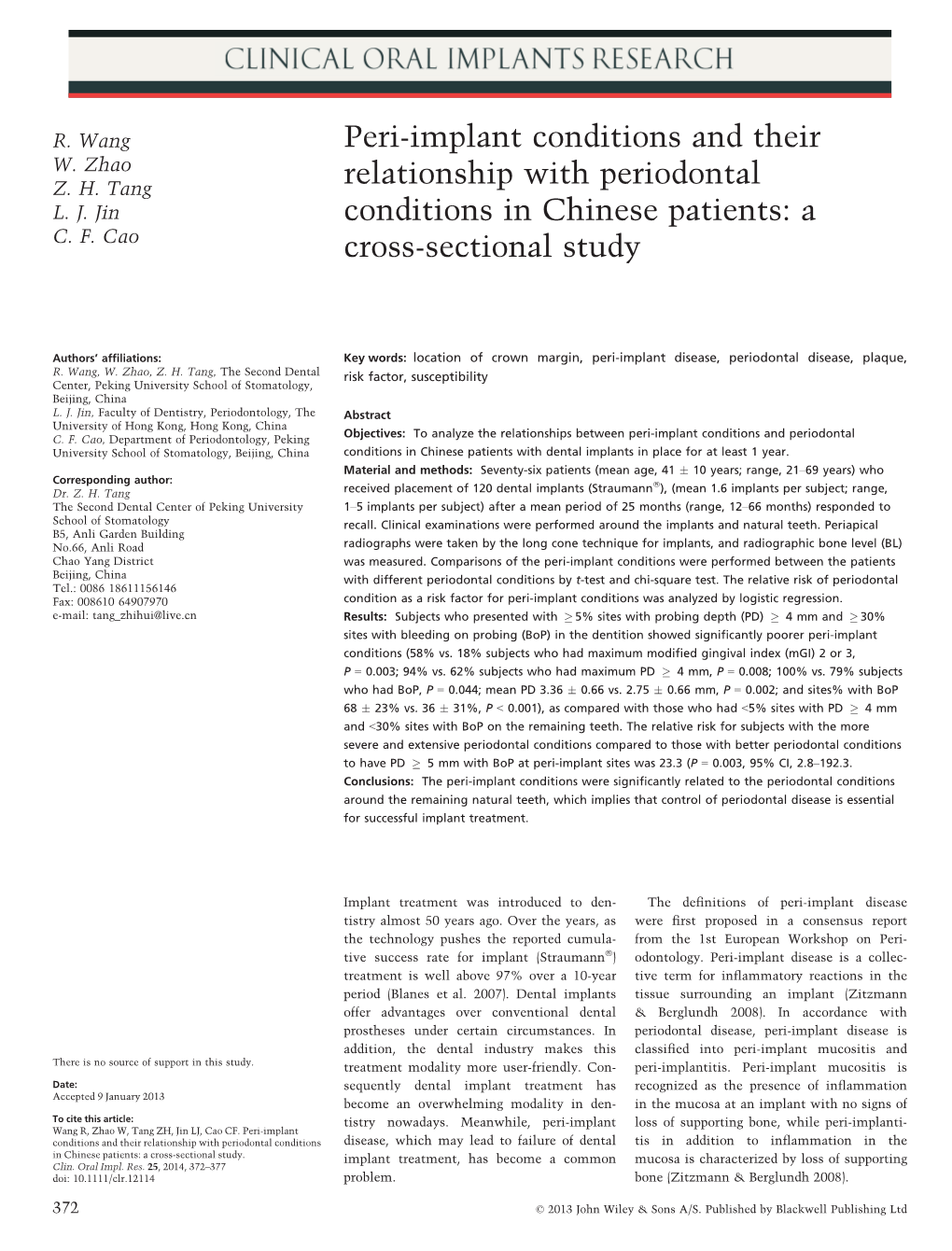 Periimplant Conditions and Their Relationship with Periodontal