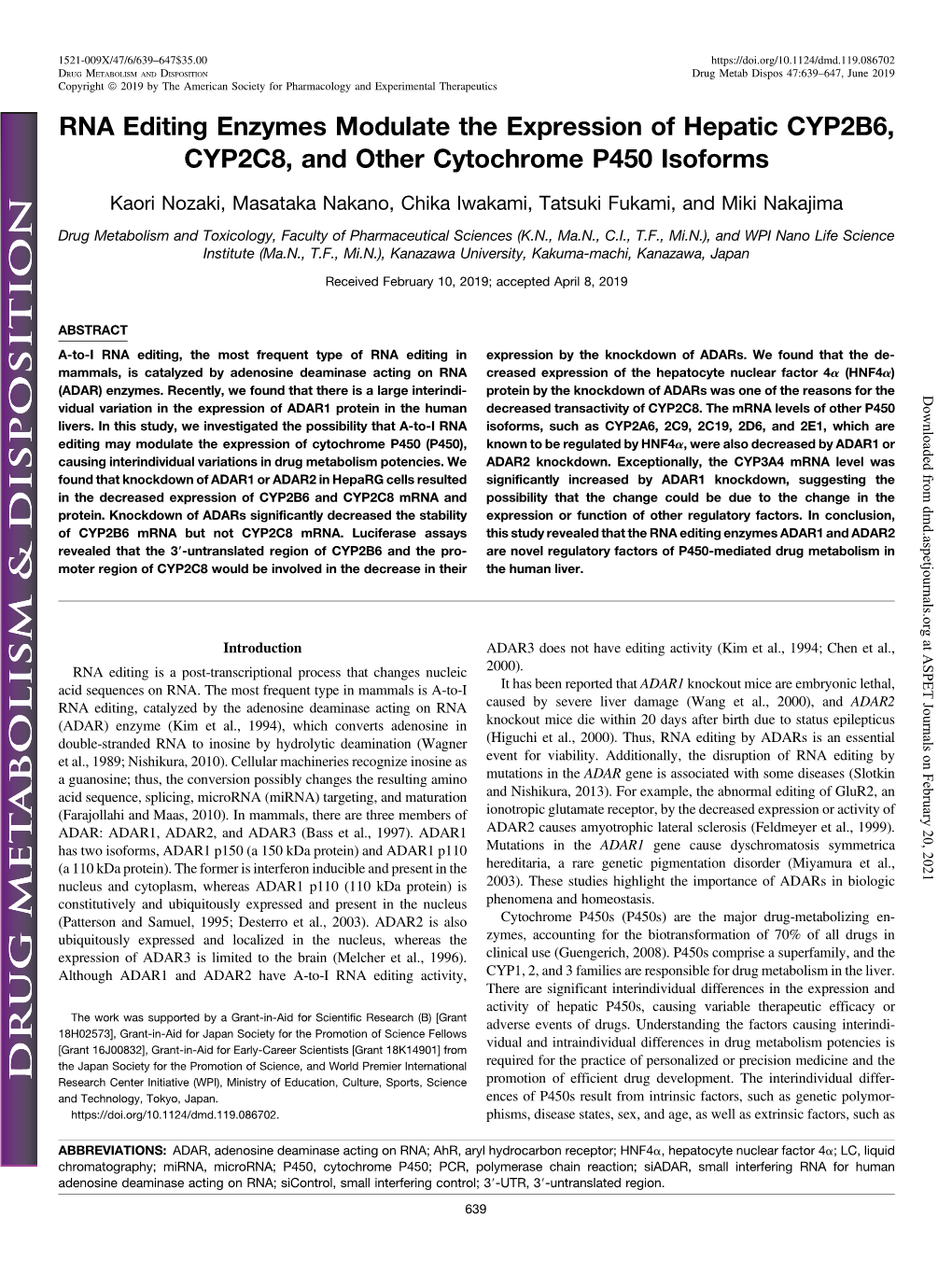 RNA Editing Enzymes Modulate the Expression of Hepatic CYP2B6, CYP2C8, and Other Cytochrome P450 Isoforms