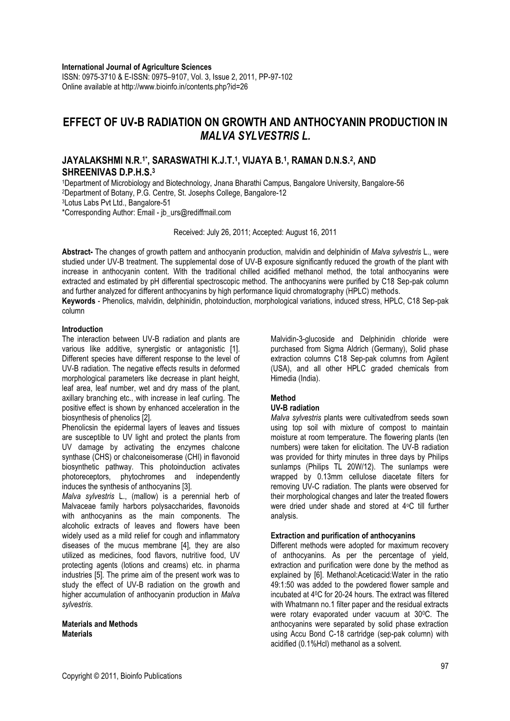Effect of Uv-B Radiation on Growth and Anthocyanin Production in Malva Sylvestris L
