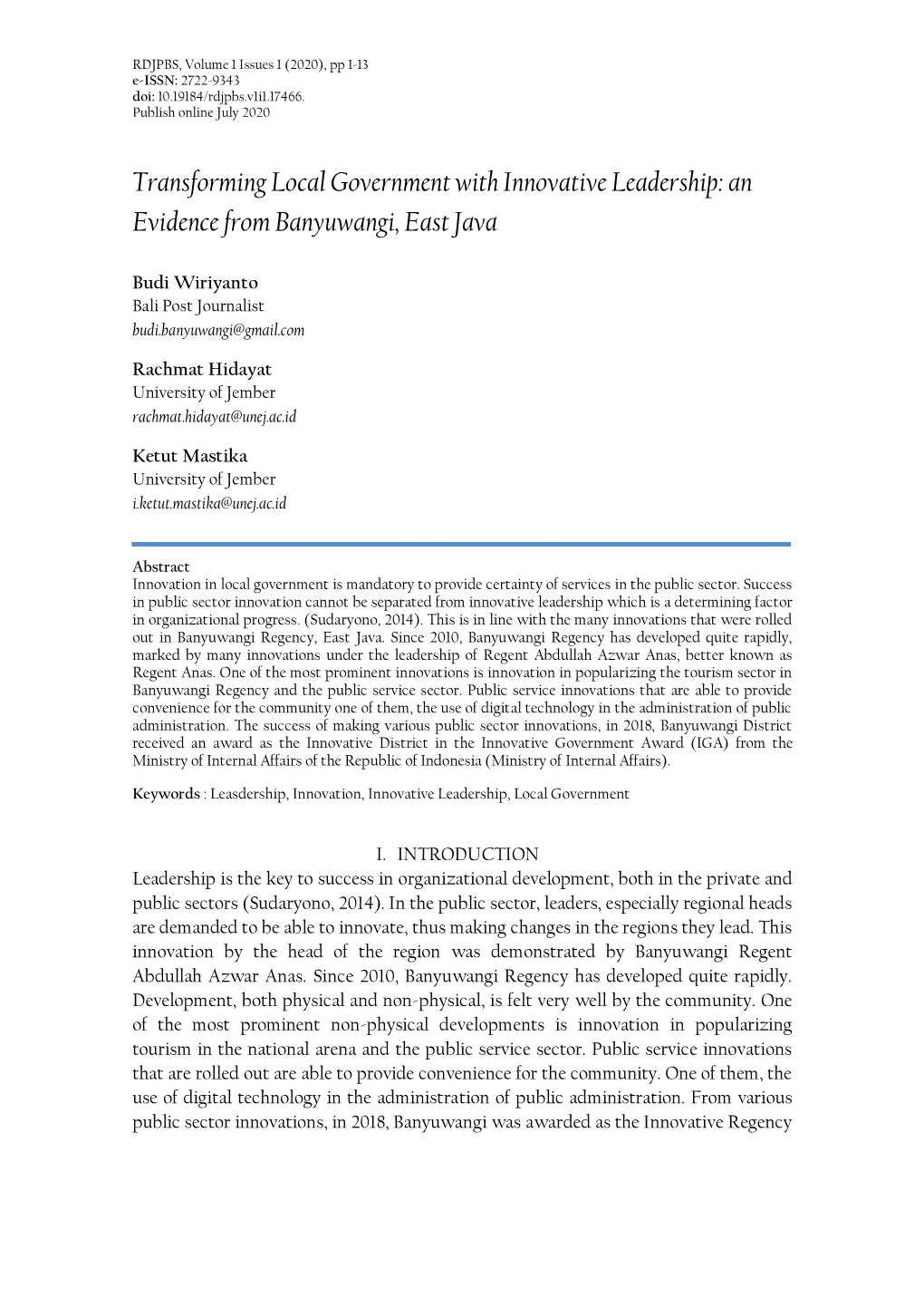 Transforming Local Government with Innovative Leadership: an Evidence from Banyuwangi, East Java