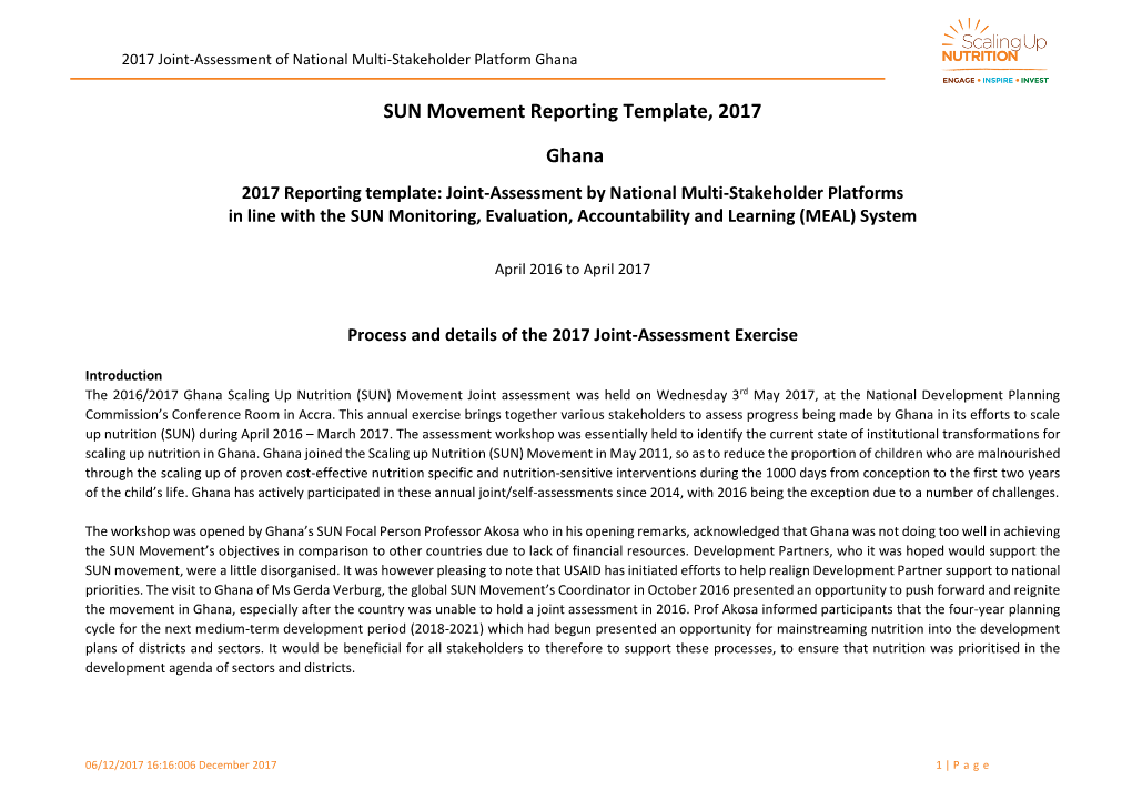 SUN Movement Reporting Template, 2017 Ghana