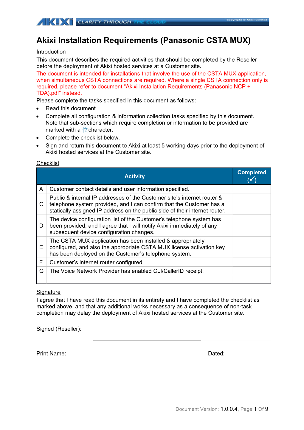 Akixi Installation Requirements (Panasonic CSTA MUX)