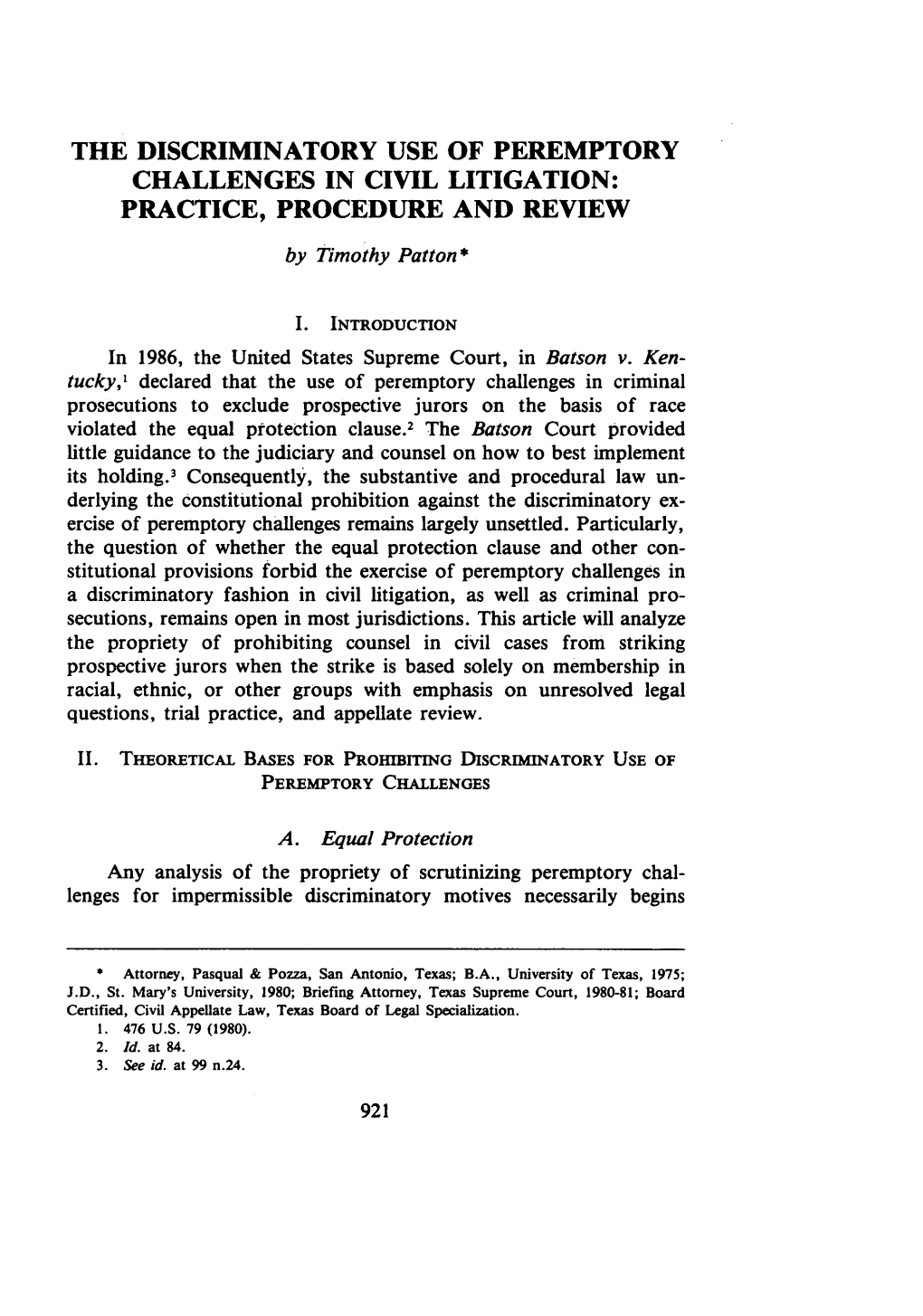 Discriminatory Use of Peremptory Challenges in Civil Litigation: Practice, Procedure and Review