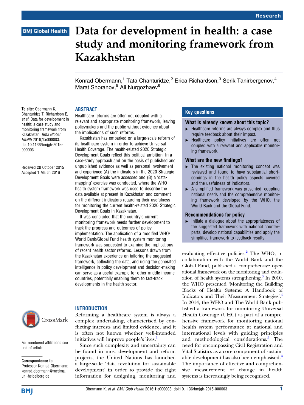 Data for Development in Health: a Case Study and Monitoring Framework from Kazakhstan