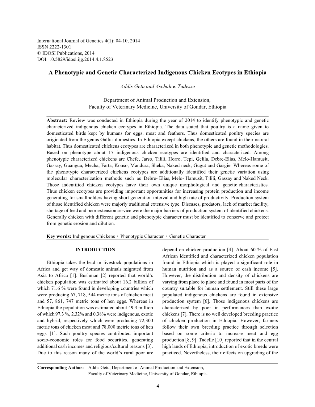 A Phenotypic and Genetic Characterized Indigenous Chicken Ecotypes in Ethiopia